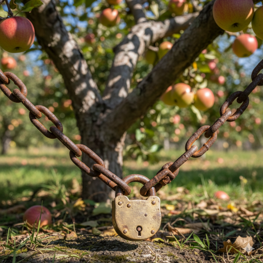 Alter Apfelbaum mit Vorhängeschloss - bildliche Darstellung des Datenschutzes